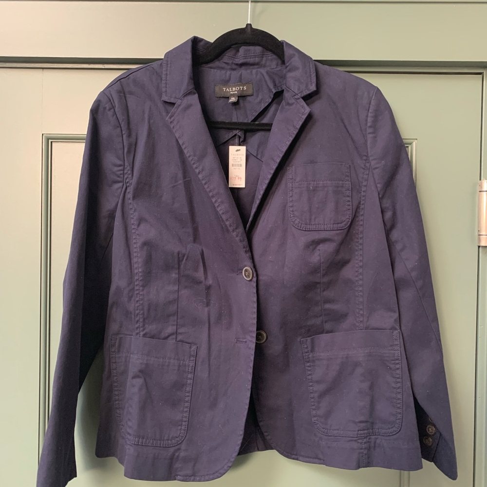 Talbots Women's Size L P Blazer Stretch Navy Blue Pocket 2 Button Blazer.